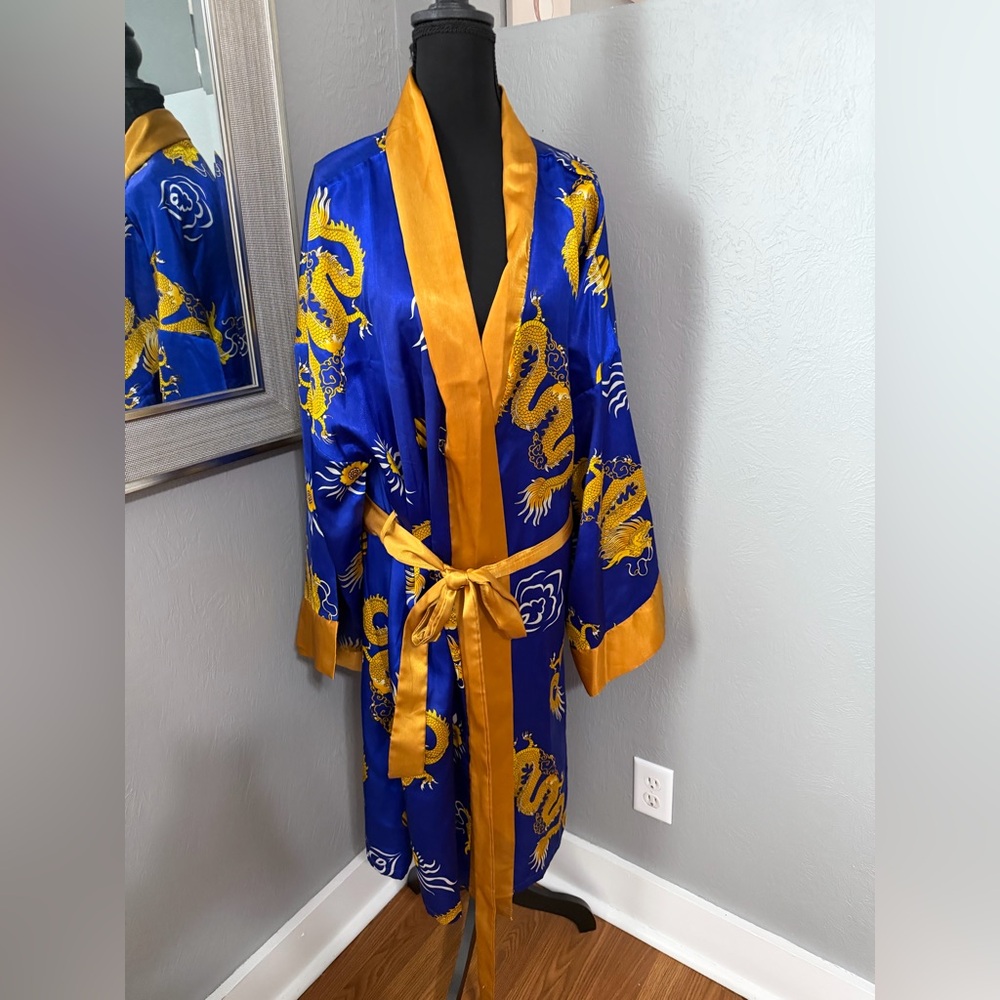 VTG Midnight Velvet Satin Blue & Gold Dragon Kimono 2XL